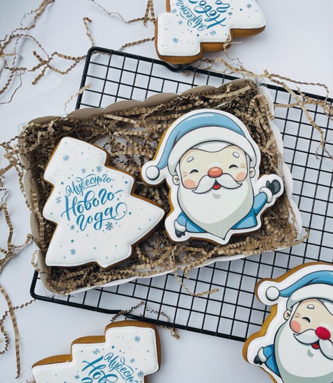 Новогодний набор пряников 2 шт c фотопечатью - елочка и Дед Мороз голубой стиль