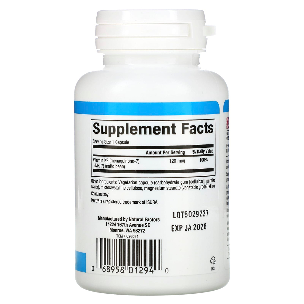 Natural Factors, витамин K2, 100 мкг, 60 вегетарианских капсул