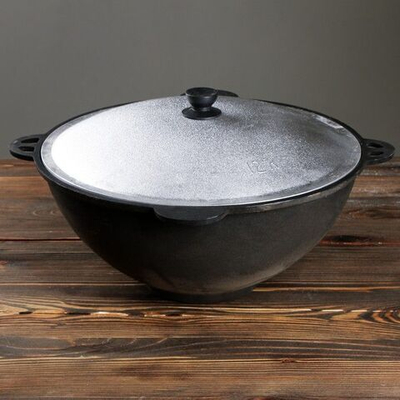 Чугунный казан с плоским дном и крышкой (объем 12 литров) (Цвет: не задано)