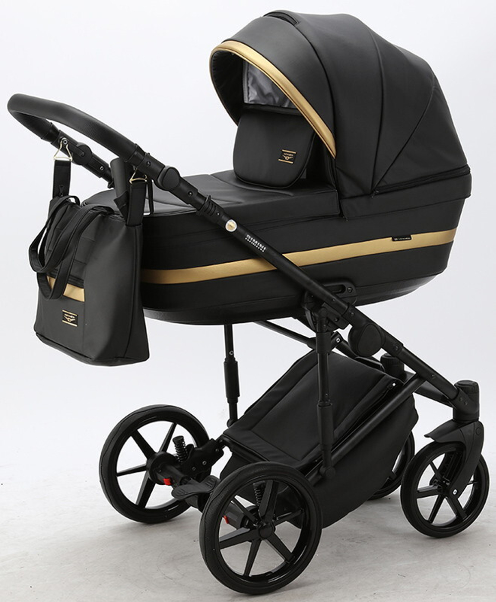 Детская коляска Adamex Rimini Deluxe 3 в 1 RI203 ЧЕРН.КОЖА+ЗОЛОТО.ОТДЕЛКА