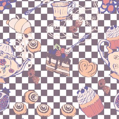 Предметы чаепития на фиолетовом клетчатом узоре