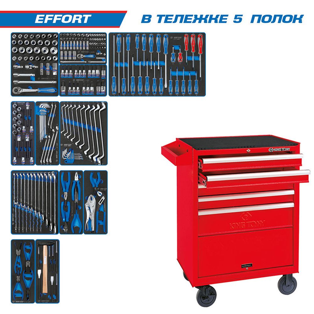 KING TONY (934-235MRV) Набор инструментов "EFFORT" в красной тележке, 235 предметов