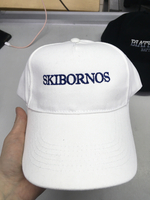 Белая бейсболка с синей надписью: SKIBORNOS