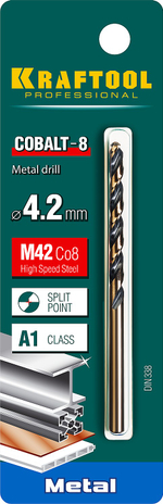 KRAFTOOL COBALT-8, 4.2 х 75 мм, сталь М42, HSS-Co(8%), сверло по металлу (29656-4.2)