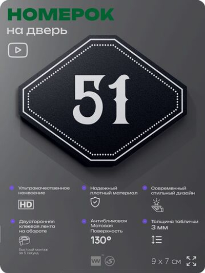 Номерок на дверь квартиры 51, для кабинета, офиса, шильдик 9 х 7 см, черный, Айдентика Технолоджи