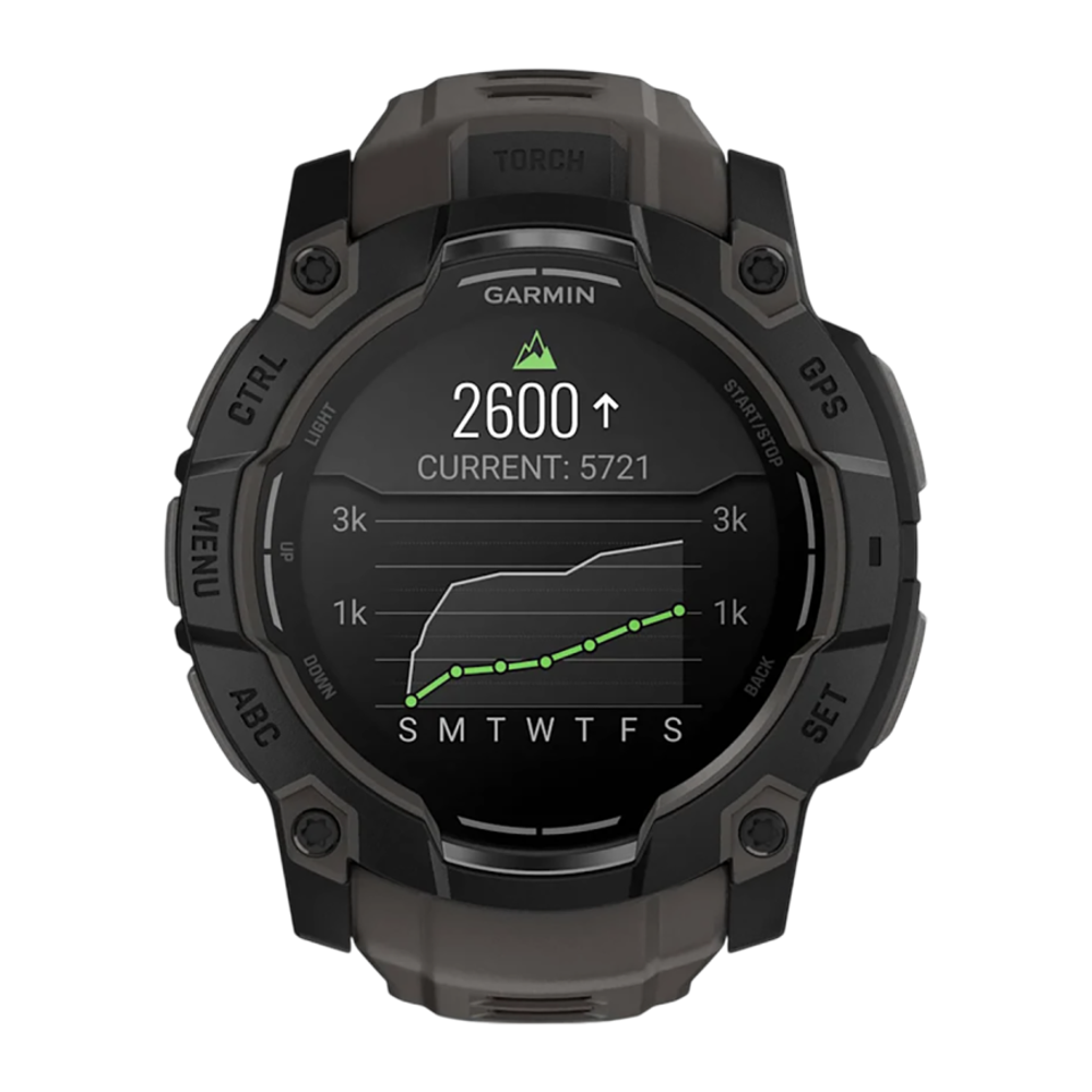 Спортивные часы Garmin Instinct 3, 50 мм, AMOLED, силиконовый ремешок угольного цвета Чёрный безель, AMOLED-дисплей. Ремешок с классической застёжкой — на запястье обхватом 141–213 мм
