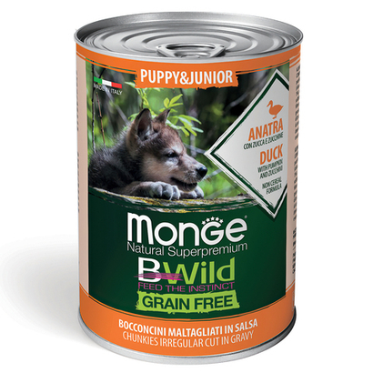 Влажный корм Monge Dog BWild GRAIN FREE Puppy&Junior для щенков и беременных собак, беззерновой, из утки с тыквой и кабачками, консервы 400 г - 24 шт
