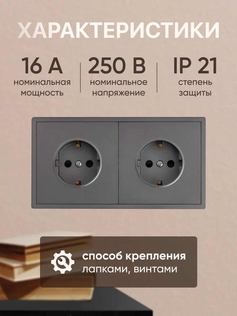 Розетка внутренняя двойная с заземлением серая