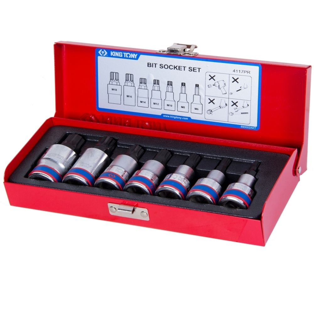 KING TONY (4117PR) Набор торцевых насадок 1/2", SPLINE, M6-M18, 7 предметов