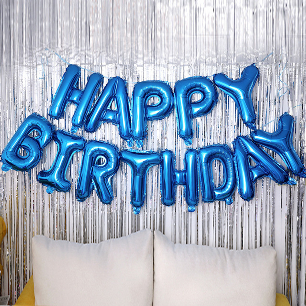 Шары буквы Happy Birthday синего цвета с воздухом в виде гирлянды
