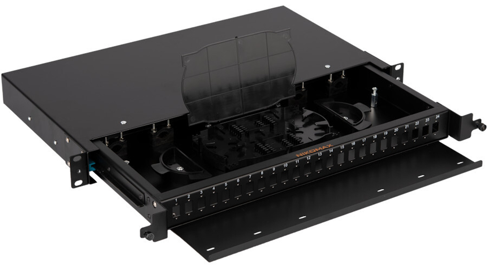 Кросс оптический стоечный 19" выдвижной 1U NikoMax NMF-RP24SC-TS-P1-1U-BK