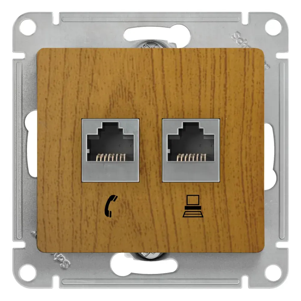 GLOSSA РОЗЕТКА двойная RJ11+RJ45 кат.5e, механизм, ДУБ