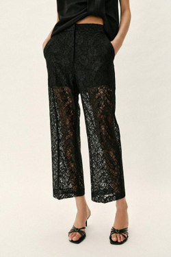 ZARA БРЮКИ ПРЯМОГО КРОЯ С КРУЖЕВОМ, ЧЕРНЫЙ