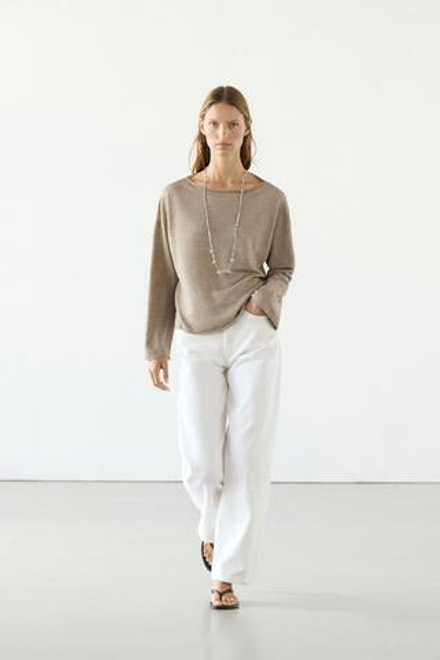 Massimo Dutti Льняной свитер с вырезом «лодочка», пестро-бежевый