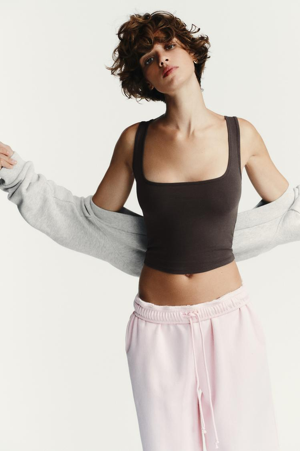 ZARA ТОП С КВАДРАТНЫМ ВЫРЕЗОМ, ТЕМНО-КОРИЧНЕВЫЙ