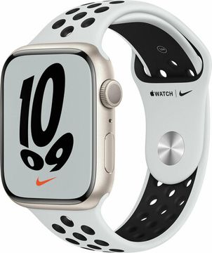 Apple Watch Nike Series 7, 45 мм, корпус из алюминия цвета «сияющая звезда», спортивный ремешок Nike цвета «чистая платина/чёрный»
