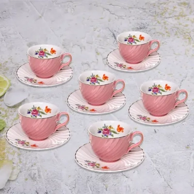 Кофейный набор 12 предметов «Цветочная фантазия» (6кружек 90мл+6блюдец), розовый
