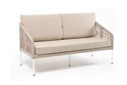 "Канны" диван 2-местный плетеный из роупа, каркас алюминий белый муар, роуп бежевый круглый, ткань бежевая 15052