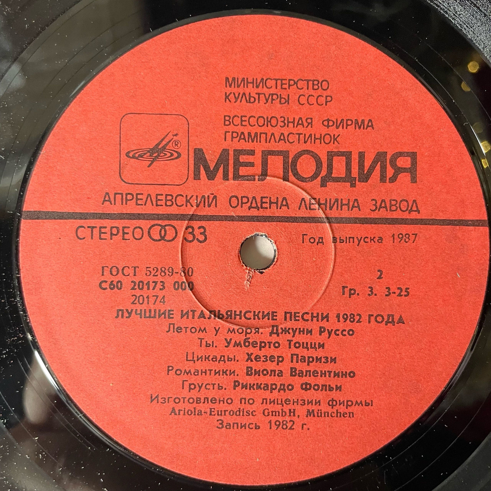 Винтажная виниловая пластинка LP Сборник Лучшие Итальянские Песни 1982 Года Italo Hits (СССР 1987)