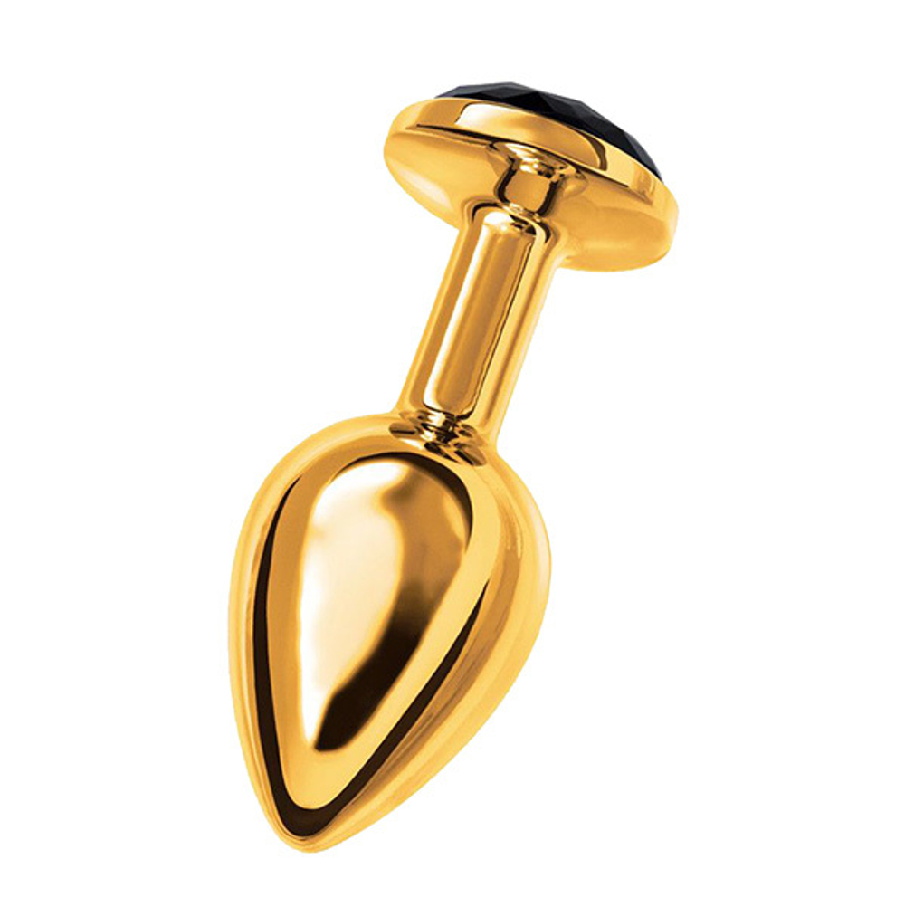 Маленькая золотистая анальная втулка 7,2см с чёрным кристаллом ToyFa Metal 712006