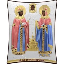 Икона Петр и Феврония Муромские в серебре. 16 х 20 см.