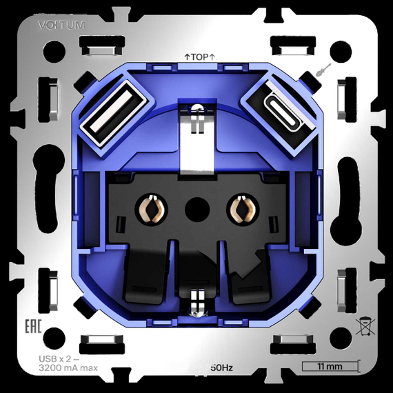 Механизм розетки с заземлением и защитными шторками 16А с USB A+C S70 Voltum VLS0405M