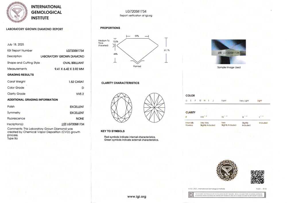 Лабораторно-выращенный бриллиант овал 9.41 х 6.42 х 3.92 мм D/VVS2 1.52 ct
