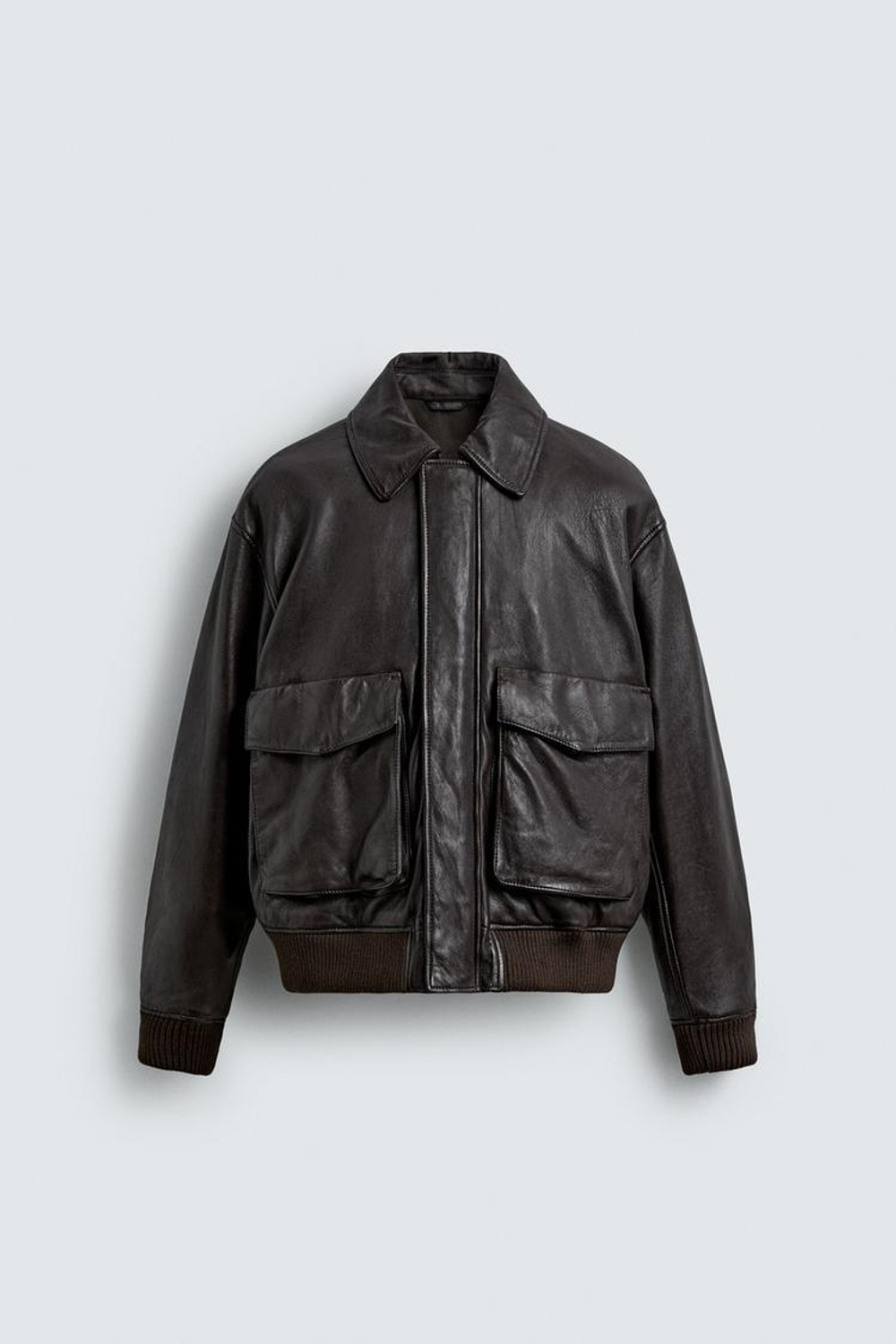 ZARA КОЖАНАЯ КУРТКА С КАРМАНАМИ, КОРИЧНЕВЫЙ