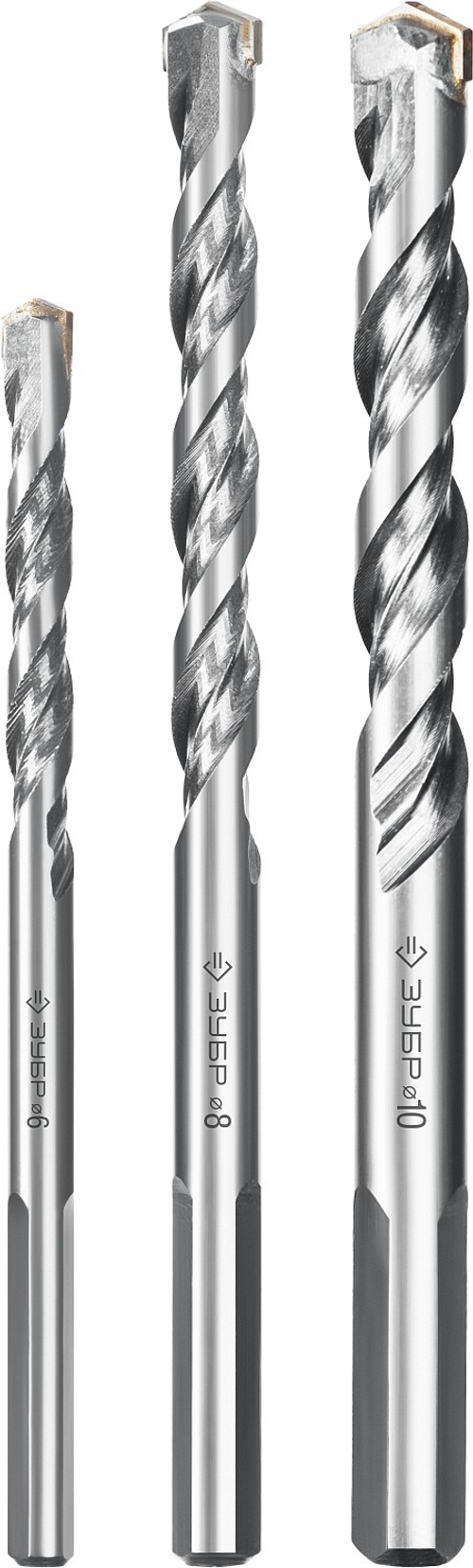 ЗУБР ПРОФЕССИОНАЛ 3 шт: d 6-8-10 мм набор сверл по бетону усиленных, 3-х гранный хвостовик