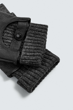 ZARA КОМБИНИРОВАННЫЕ КОЖАНЫЕ ПЕРЧАТКИ БЕЗ ПАЛЬЦЕВ, ЧЕРНЫЙ