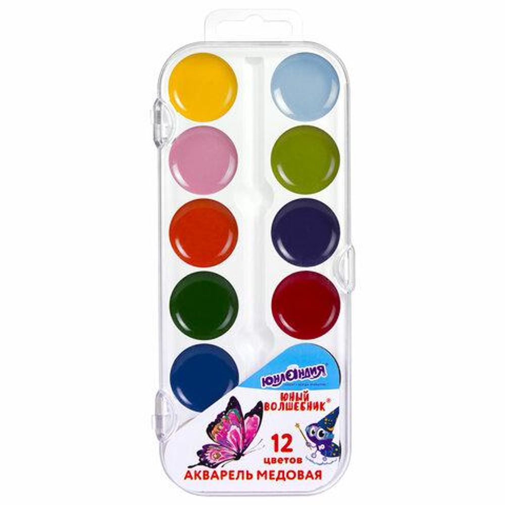 Краски акварельные 12цв. медовые "Юный волшебник" круглые кюветы, пластик, 192358 (ЮНЛАНДИЯ)