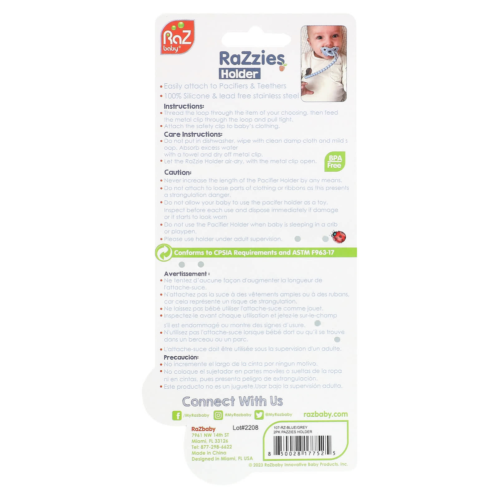 RaZbaby, Держатель для пустышки RaZzies, от 0 месяцев, синий / серый``, 2 держателя