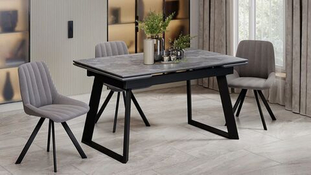 Стол кухонный обеденный раздвижной Черный муар/Керамика матовая серый мрамор 140(200)х85х77 см