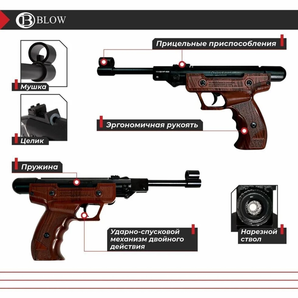 Пистолет пневматический Blow H-01, кал. 4,5 мм (пластик имитация дерева)