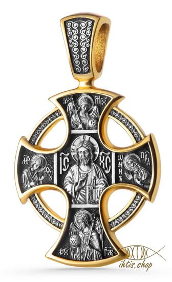 Православный крест с ликами: Гсп-дь Вседержитель. Архангелы, Ангел-Хранитель. Николай Чудотворец. Сергий Радонежский