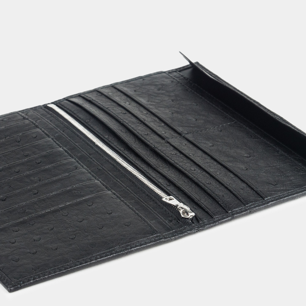 Кошелек мужской кожаный, страус черного цвета