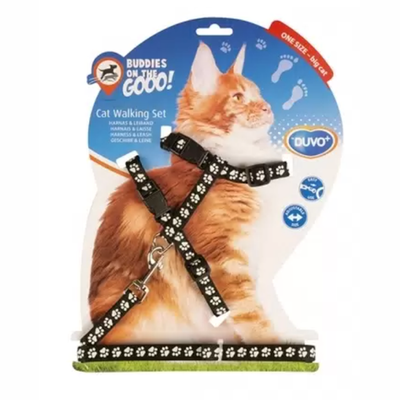 Duvo+ шлейка для крупных кошек "белые лапки", чёрная, 30-50см/125х1.2см