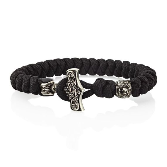 Браслет из чёрного паракорда с молотом Тора Мьёльнир и медведем из мельхиора, фото 1