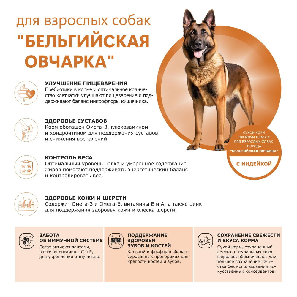 Корм сухой для взрослых собак породы Бельгийская овчарка, премиум полнорационный комплекс, с индейкой, 12 кг, QUATTRO