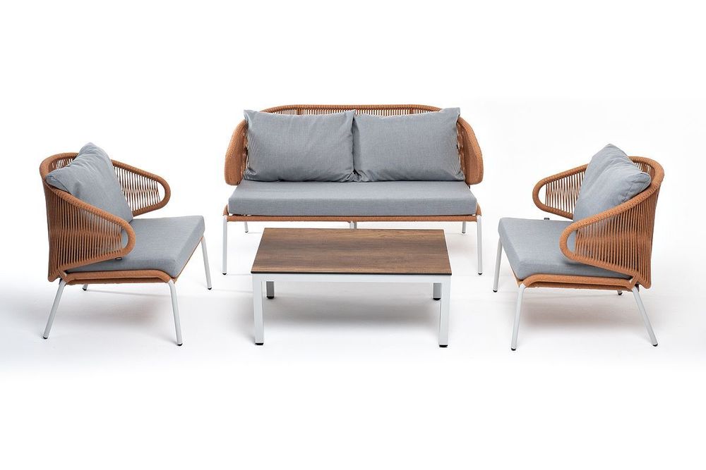 "Милан" лаунж-зона 4-местная плетеная из роупа (веревки), каркас алюминиевый светло-серый, роуп оранжевый меланж