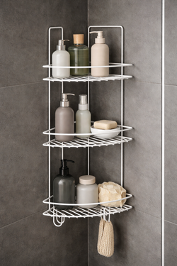 Полка для душа DIWO Тула P.Tu.3/2.Tp.w угловая, подвесная, термопластичная, белая, с крючками, на присосках