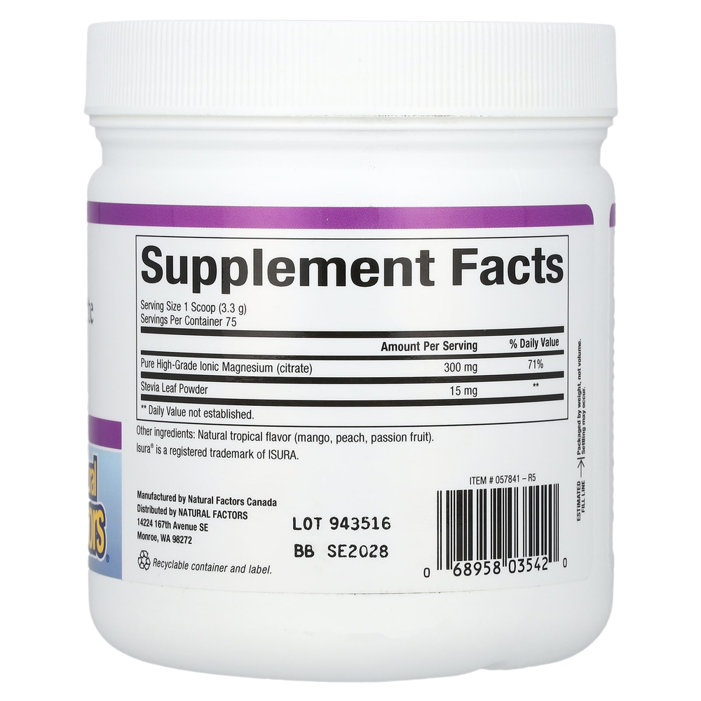 Natural Factors, Цитрат магния, смесь для приготовления напитка со вкусом тропических фруктов, 250 г (8,8 унции)