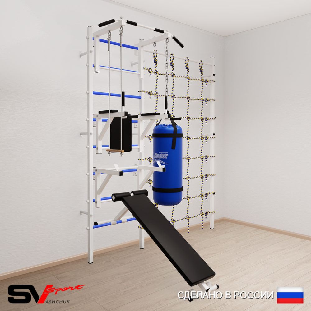 Шведская стенка Sv Sport усиленная 69320 (Турник стандарт/Брусья/Стойка/Скамья/Трапеция/Цепь/Мешок 22кг/Канатный лаз)