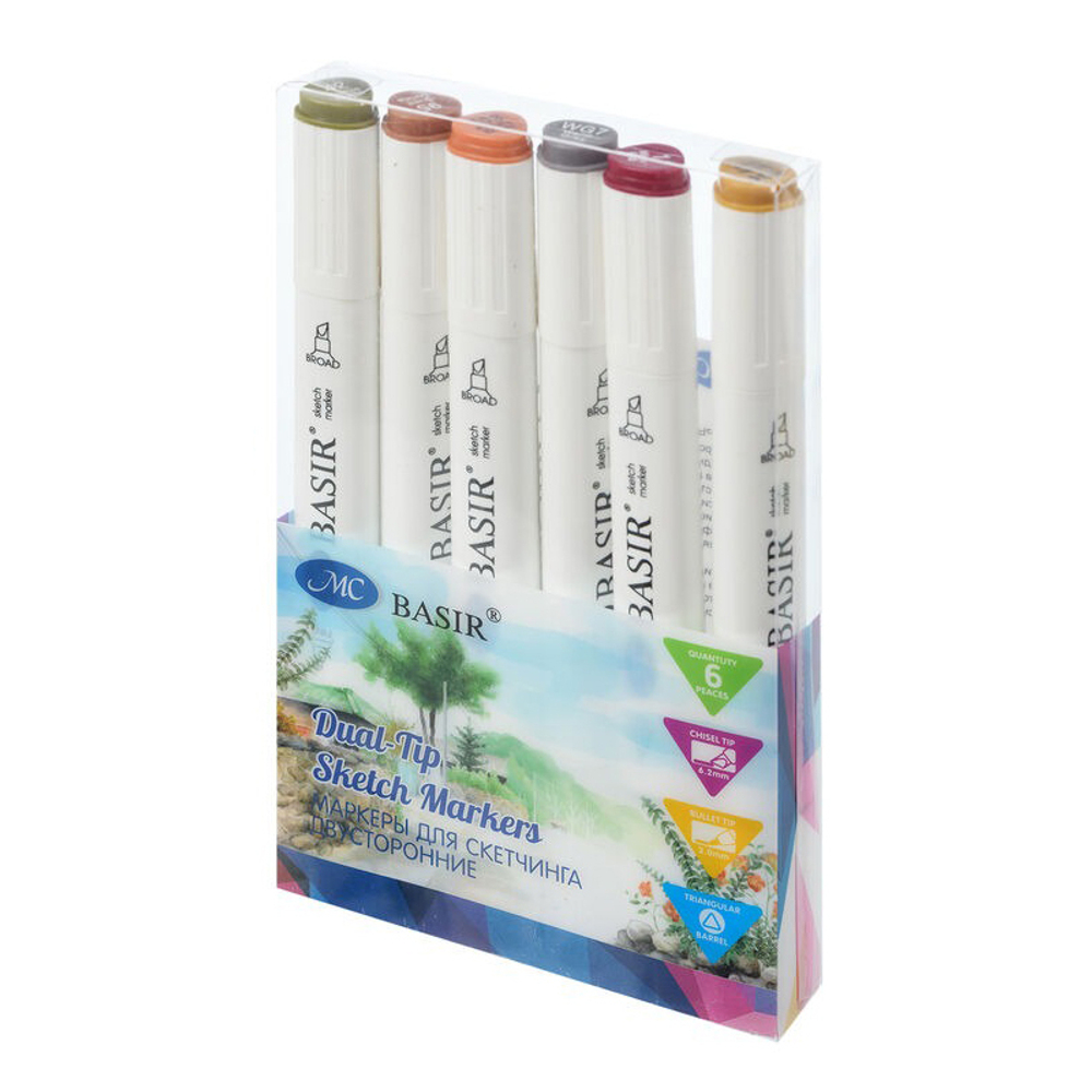 Маркер для скетчинга, двусторонние, Basir, серия "Камуфляжные тона", трёхгранные, 14 мм, спиртовые, 6 шт