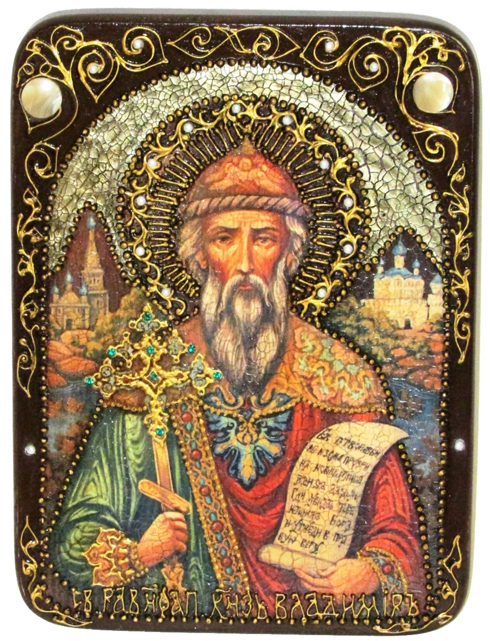 Инкрустированная икона Святой равноапостольный князь Владимир 29х21см на натуральном дереве в подарочной коробке