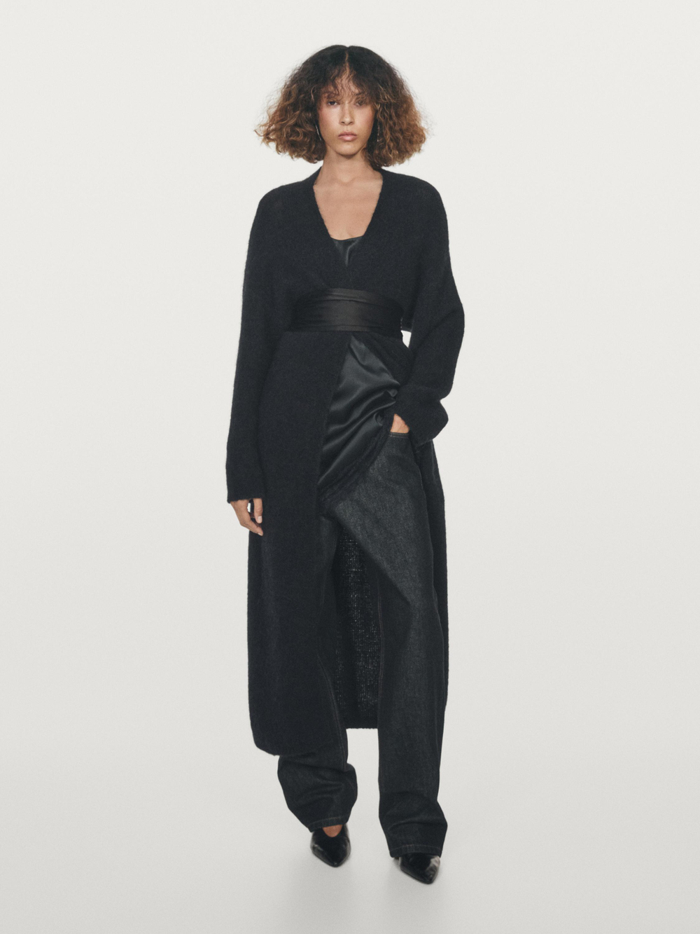 Massimo Dutti Длинный кардиган из ворсованной смесовой альпаки, темно-синий