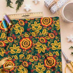 Ткань шелк Армани хохлома из небольших подсолнухов на зелёном фоне