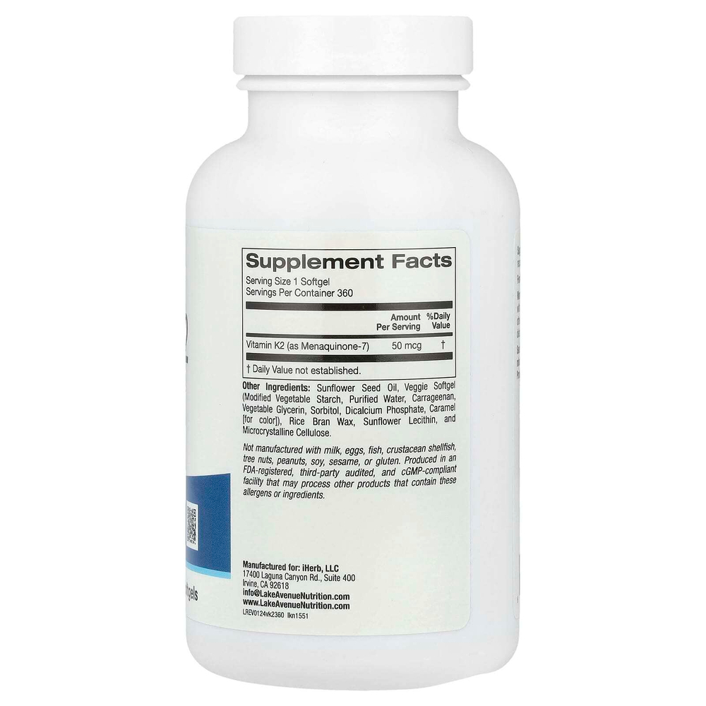 Lake Avenue Nutrition, Витамин K2 (в виде менахинона-7), 50 мкг, 360 растительных капсул