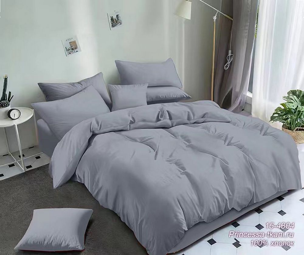 Комплект постельного белья 2-сп с простыней на рез.160Х200 ПОПЛИН "Серый 15-4304 ЕМ" (нав. 50х70 или 70х70)