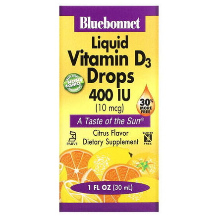 Витамин D Bluebonnet Nutrition, Жидкий витамин D3 в каплях, натуральный аромат цитрусовых, 400 МЕ, 1 жидк. унц. (30 мл)